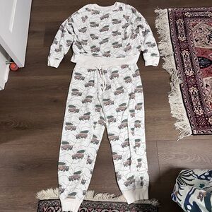 American Eagle Outfitters White PJ Set with Green and Pink Truck Print